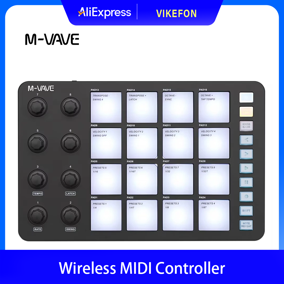 Midi Controller Pad - Controlador MIDI Sem Fio M-VAVE SMC-PAD,